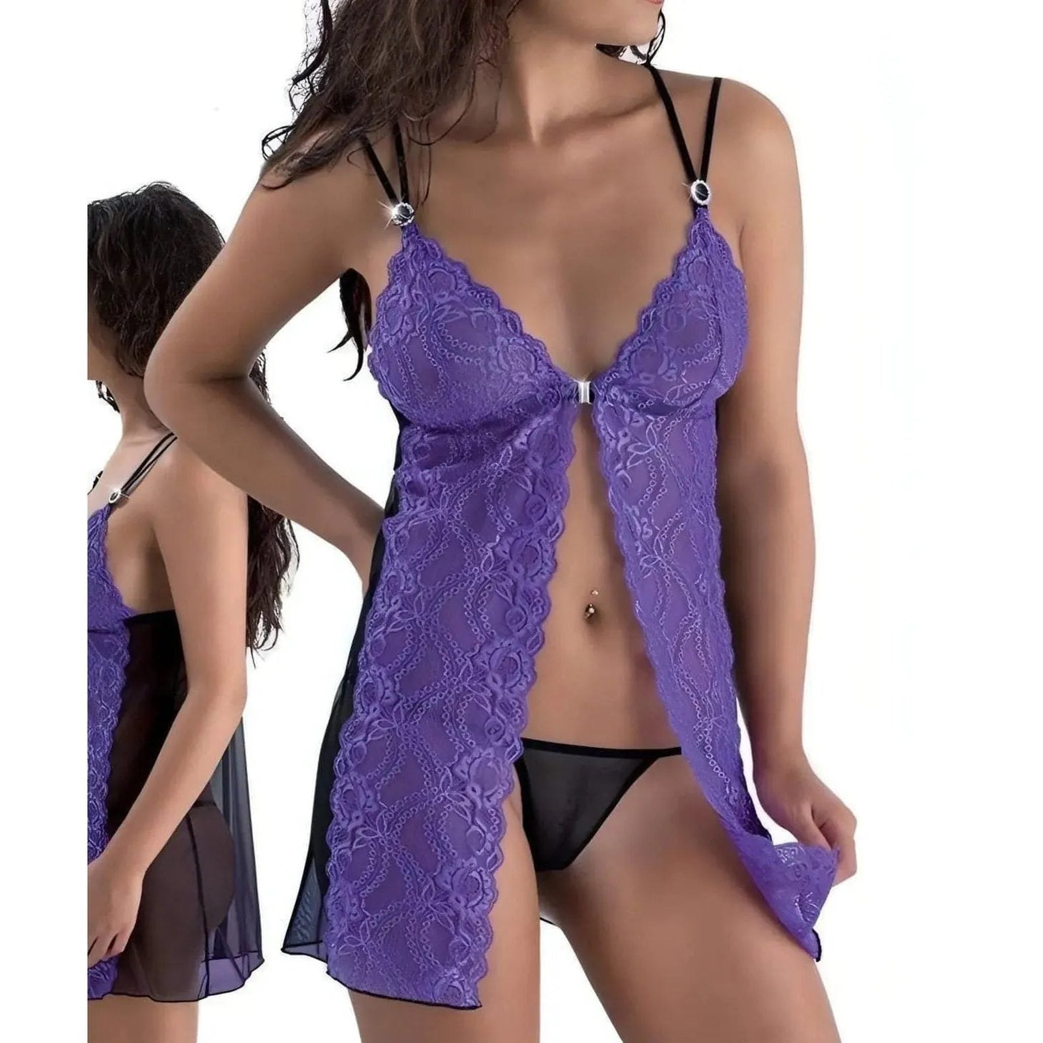 Babydoll Aperto in Pizzo Viola con Perizoma