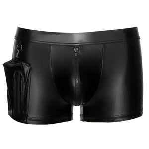 Boxer Uomo in Wetlook Nero con Zip e Taschina Laterale