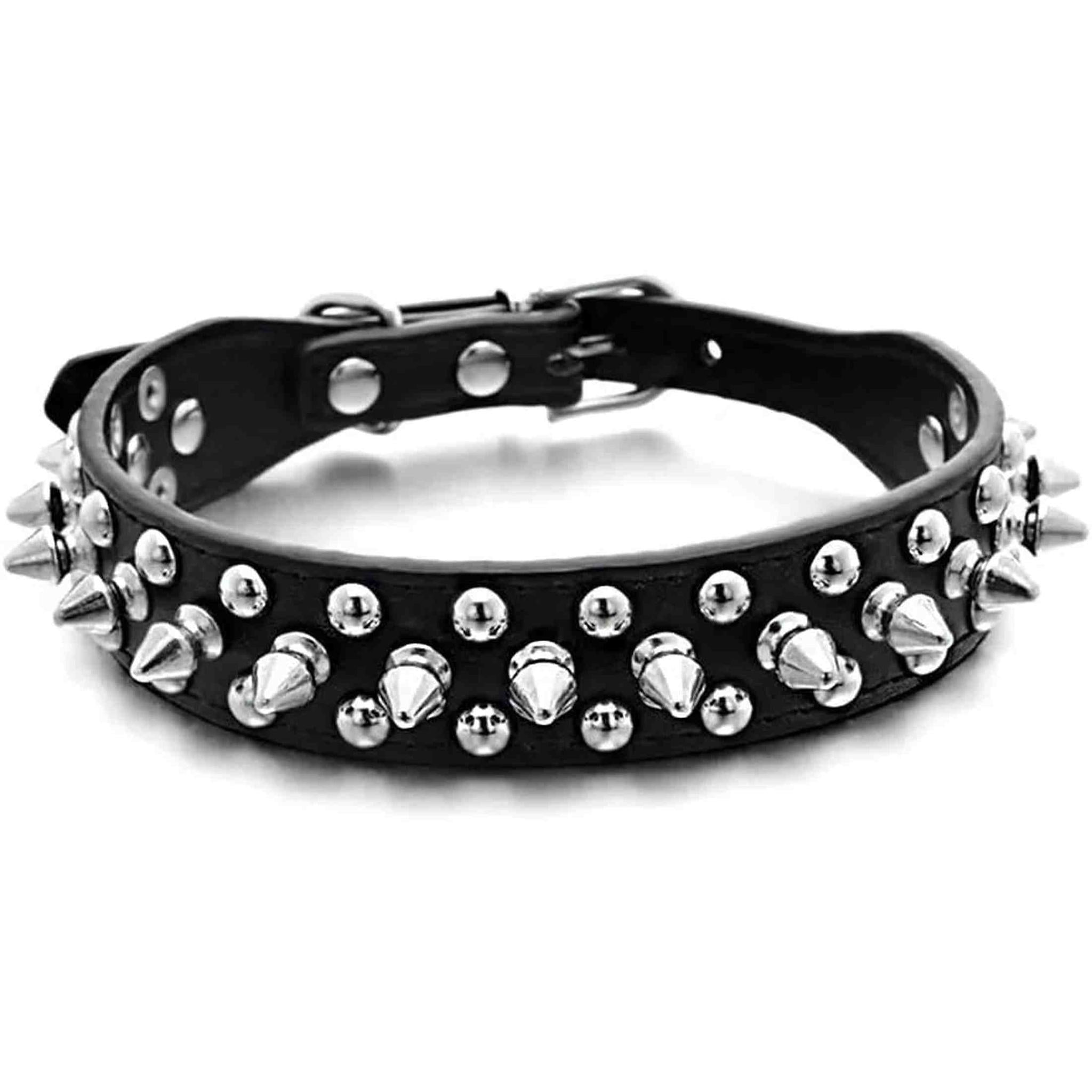 Collare nero in ecopelle con borchie argentate, cinghie regolabili – 38 cm