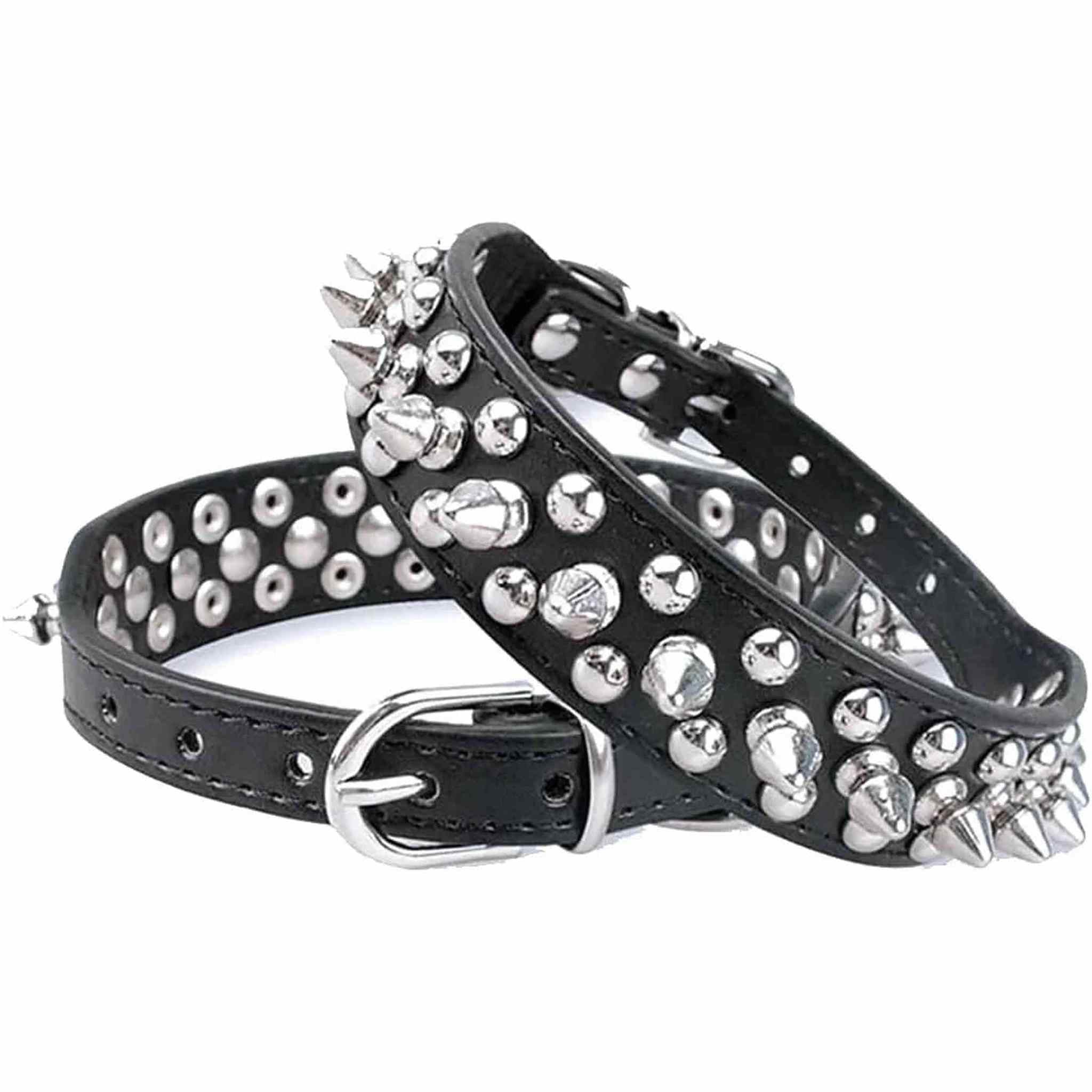 Collare nero in ecopelle con borchie argentate, cinghie regolabili – 38 cm