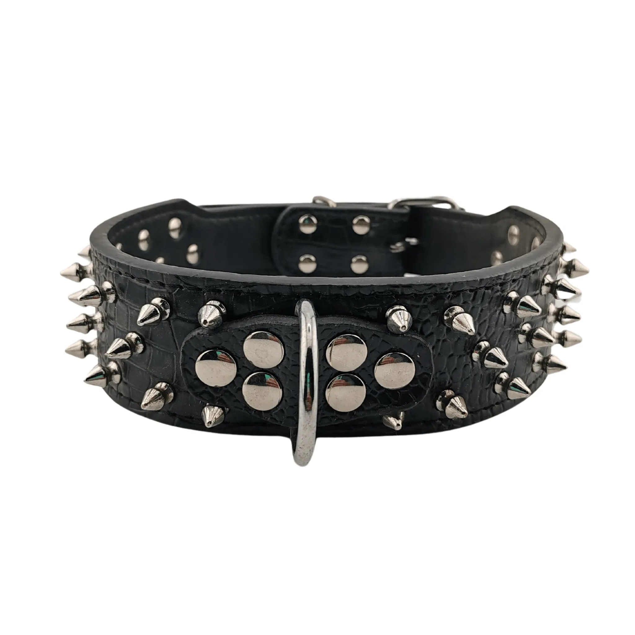 Collare spesso in ecopelle nero con borchie argentate