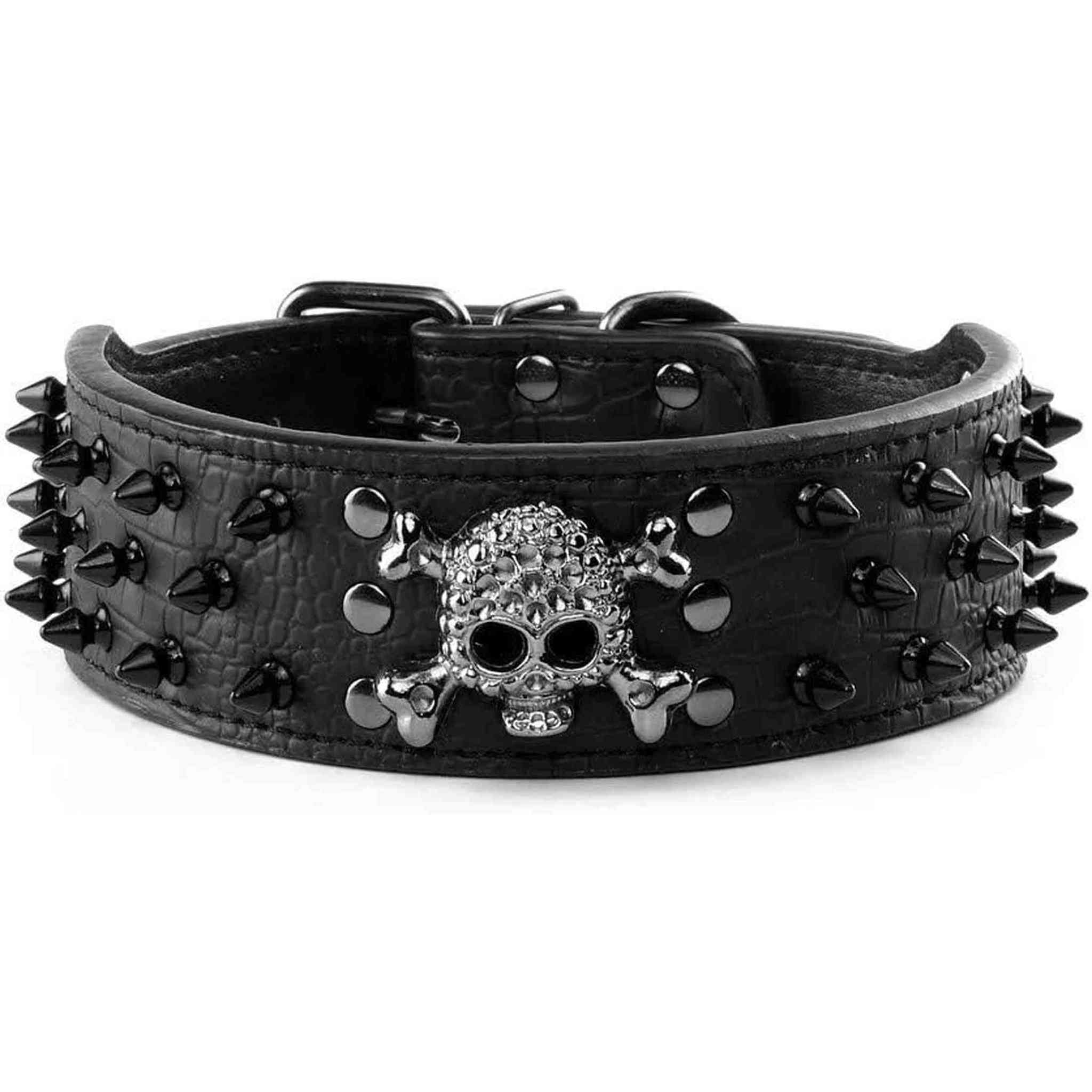 Collare spesso in ecopelle nero con skull centrale e borchie nere