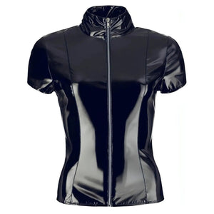 Giacca Wetlook a Maniche Corte con Collo Alto