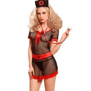 Infermiera Sexy a Rete 4 pezzi - Vestitino, Perizoma, cintura e cappello
