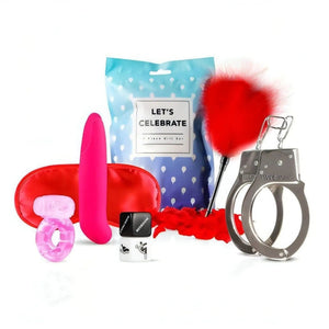 Let's Celebrate Gift Box - Vibratore Punto-G in Silicone, Anello Vibrante, Feather Tickler, Manette, Benda Satinata, 2x Dadi de