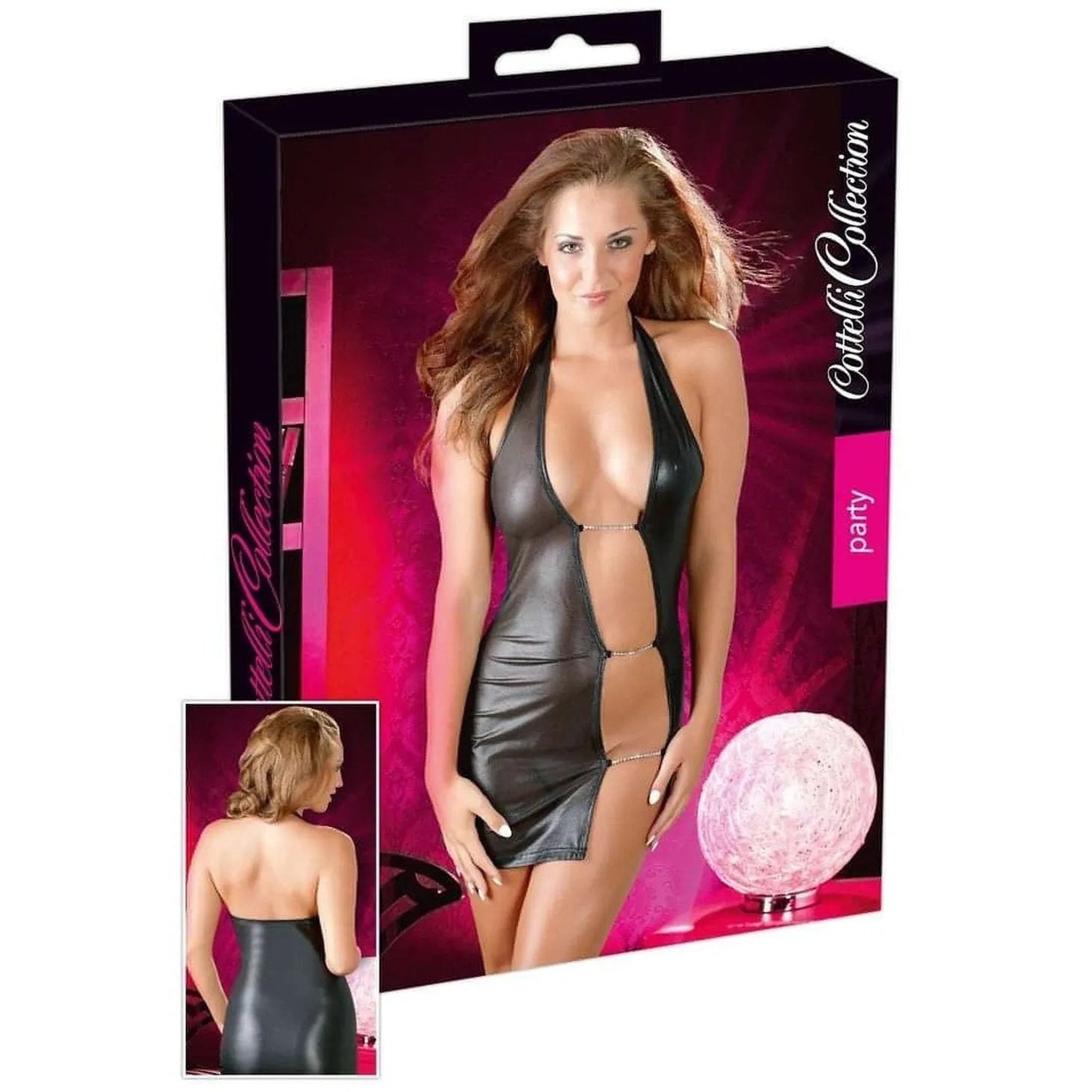 Mini Abito Sexy Nero in Ecopelle con Scollo Profondo e Inserti Aperti
