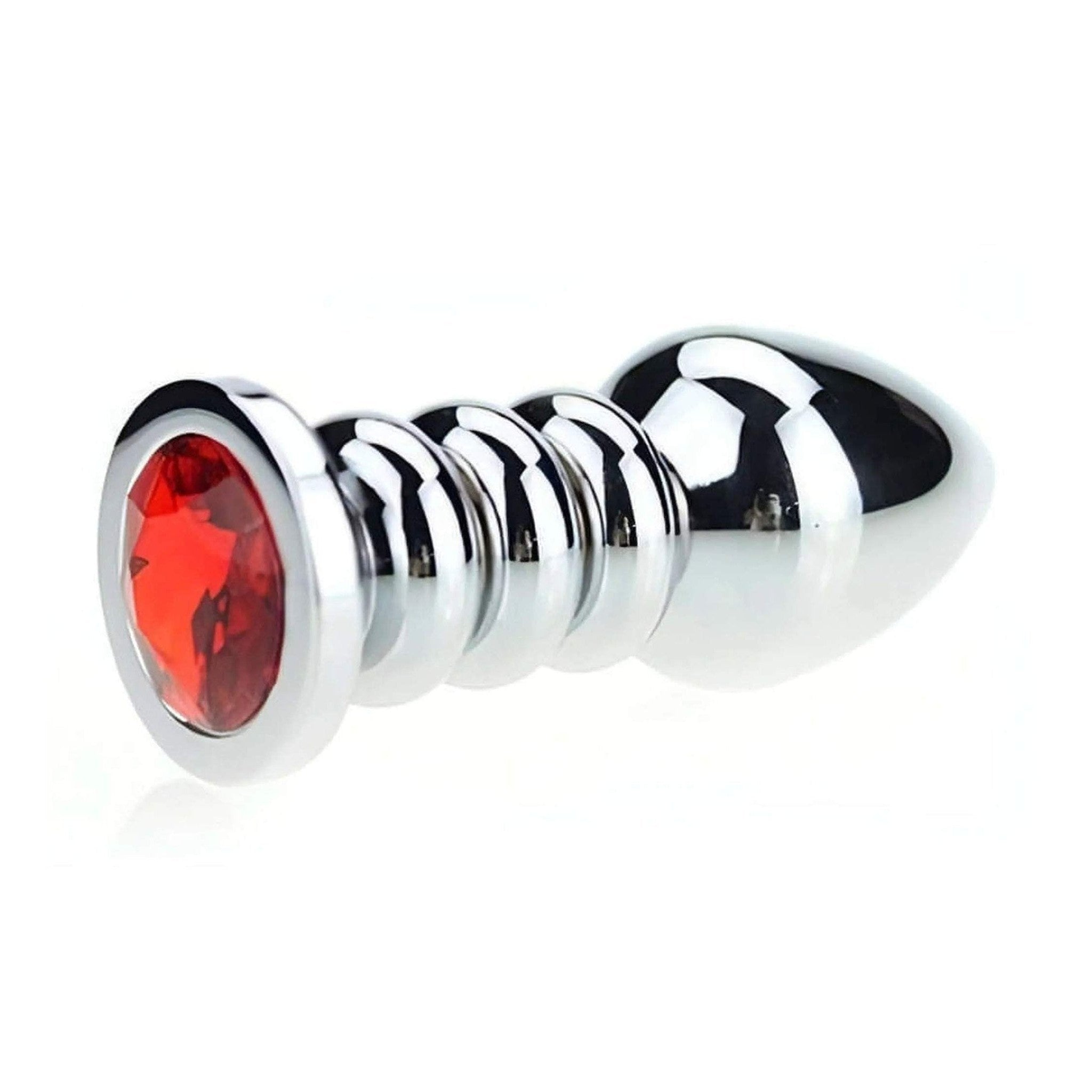 Plug Anale Ribbed in Acciaio Chirurgico con Gemma Rossa, 175 gr.