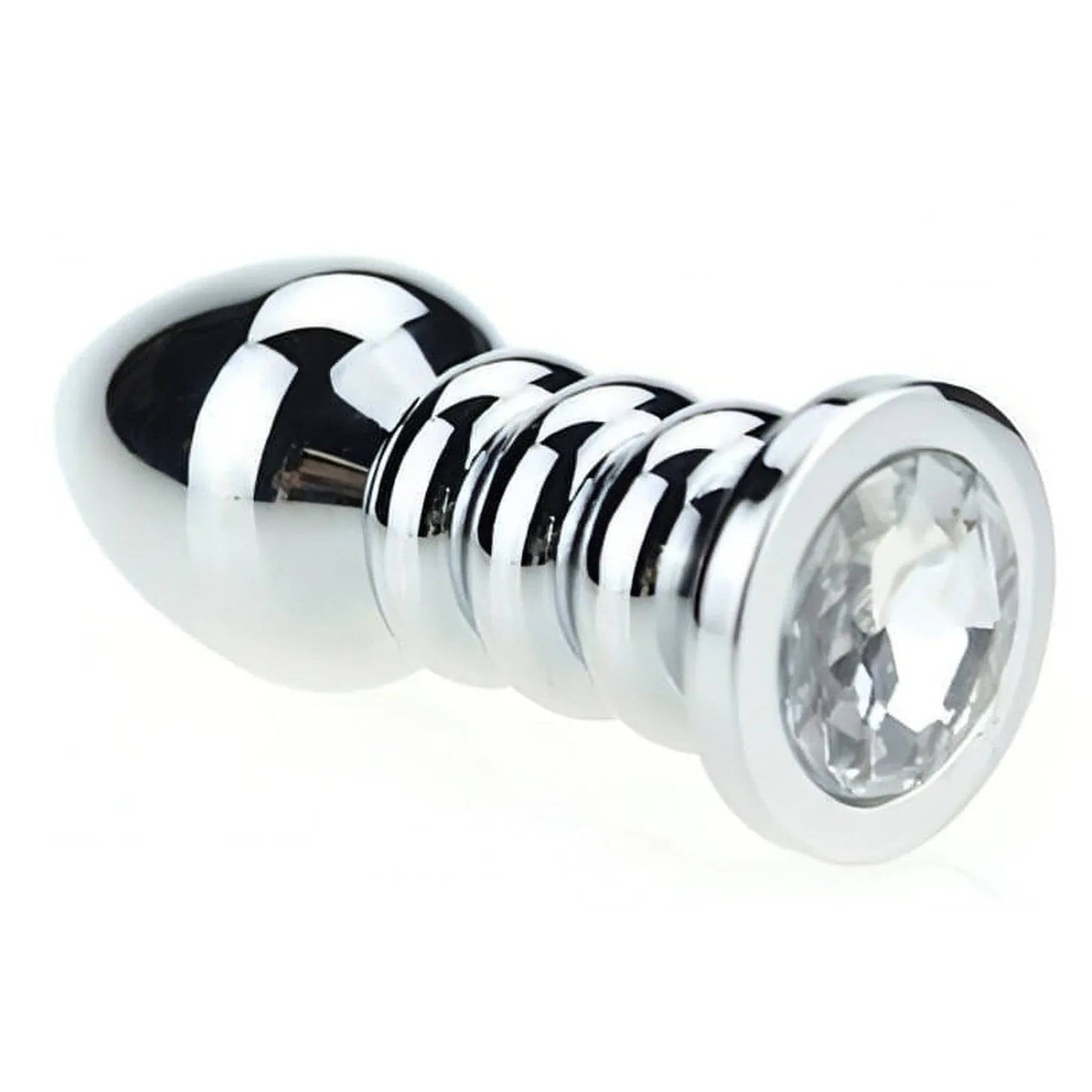 Plug Anale Ribbed in Acciaio Chirurgico con Gemma Bianca, 175 gr.