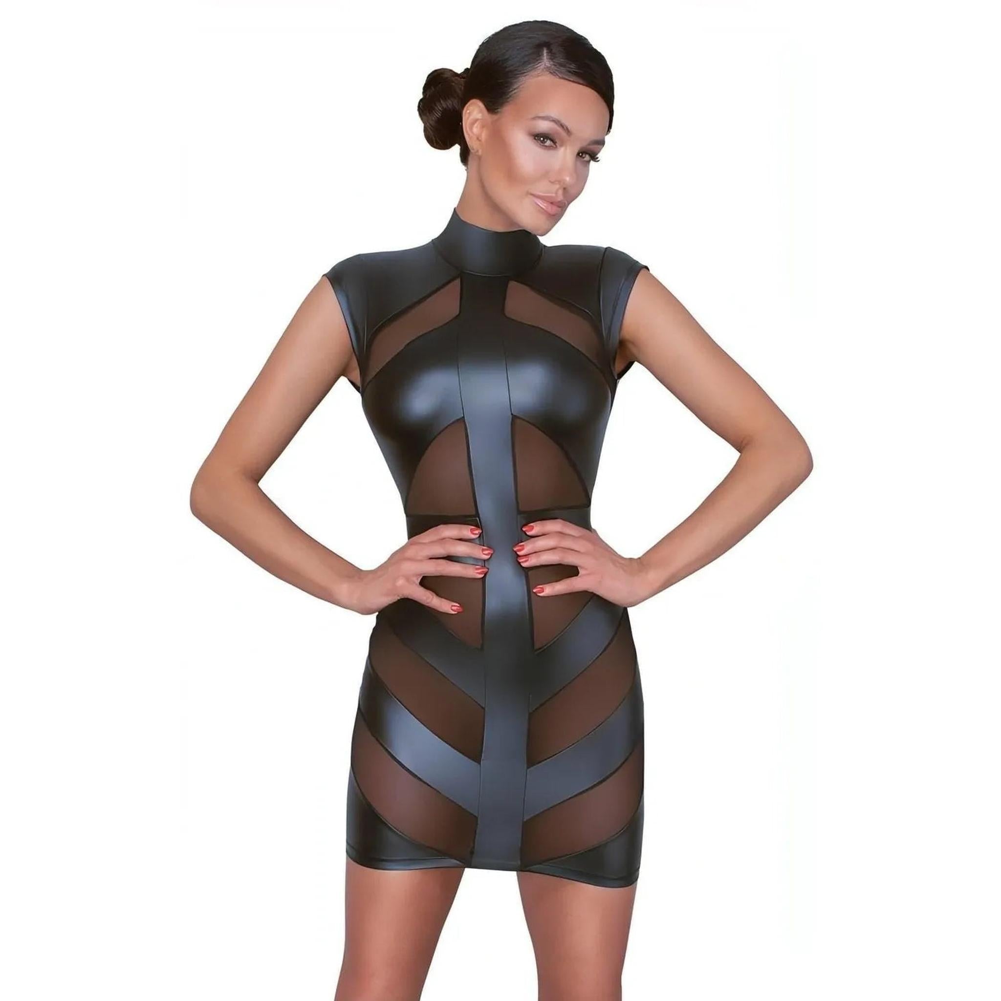 Vestitino sexy collo alto nero opaco con inserti trasparenti -M