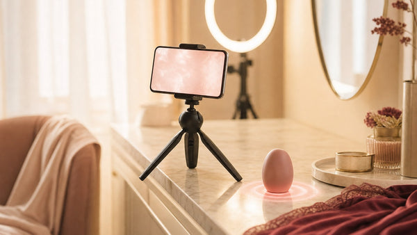 Smartphone su treppiede illuminato di rosa e un piccolo ovetto accanto, in un boudoir in penombra