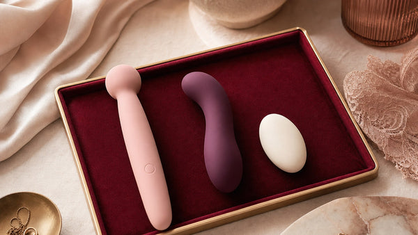 Tre massaggiatori di forme diverse in silicone color cipria, prugna e avorio su un vassoio di velluto bordeaux