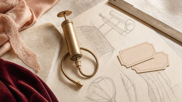Scrivania di un inventore vista dall'alto con schizzi tecnici, righello, una piccola pompa ad aria in ottone e due biglietti del cinema.
