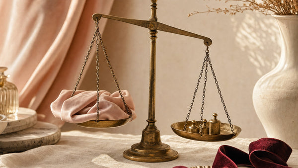 Bilancia in ottone a due piatti con un drappo di seta cipria e dei pesi, su fondo avorio con luce dorata