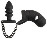 Gabbia per pene Black Velvets con plug anale e catena, foto 1