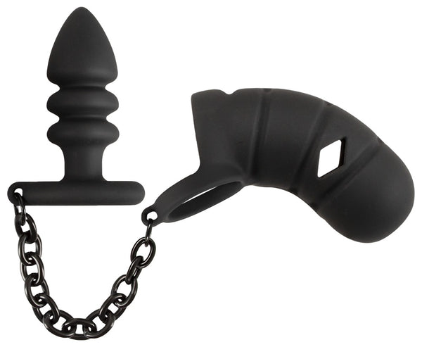 Gabbia per pene Black Velvets con plug anale e catena, foto 1