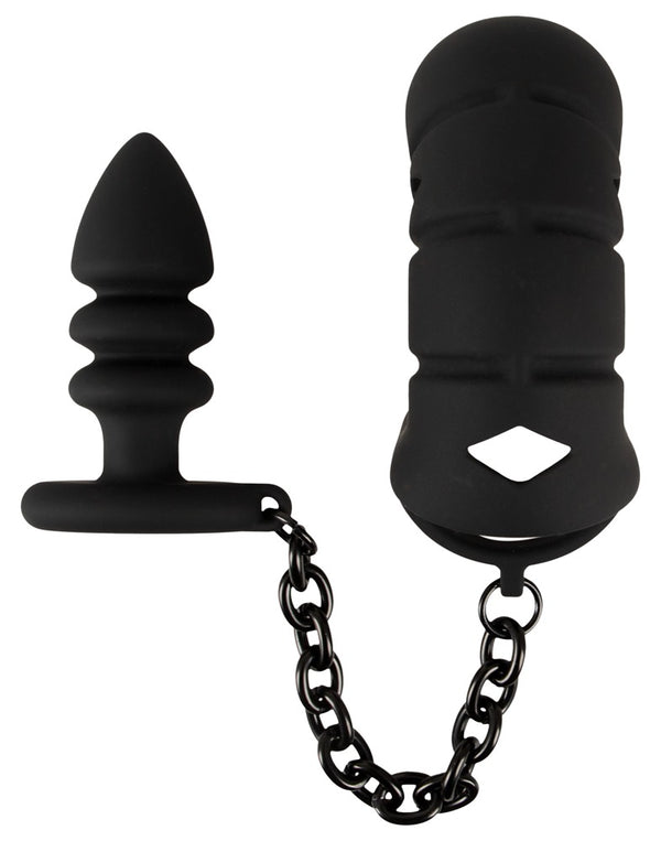 Gabbia per pene Black Velvets con plug anale e catena, foto 2