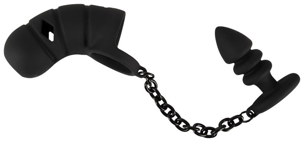 Gabbia per pene Black Velvets con plug anale e catena, foto 3