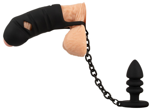 Gabbia per pene Black Velvets con plug anale e catena, foto 5