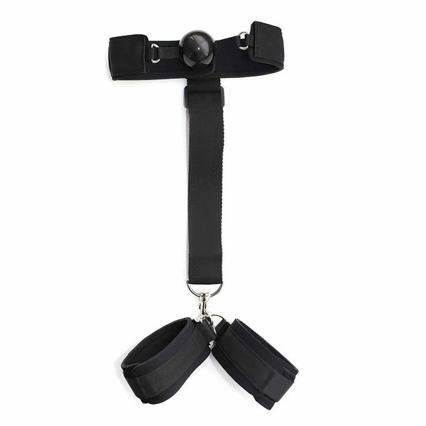 Vista laterale ball-gag nera con allineamento verticale componenti