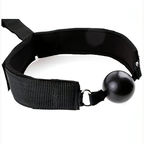 Ball-gag nera sfera lucida con collare imbottito e cinghia regolabile