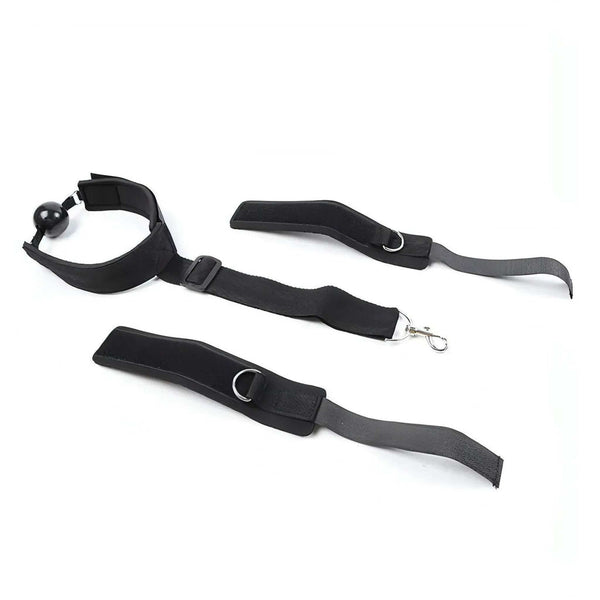 Set BDSM ball-gag nera con polsiere separate e cinghie rinforzate