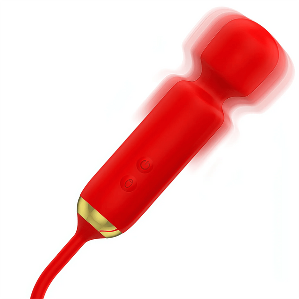 Power wand massaggiante rossa ergonomica con fascia dorata e ovetto vibrante
