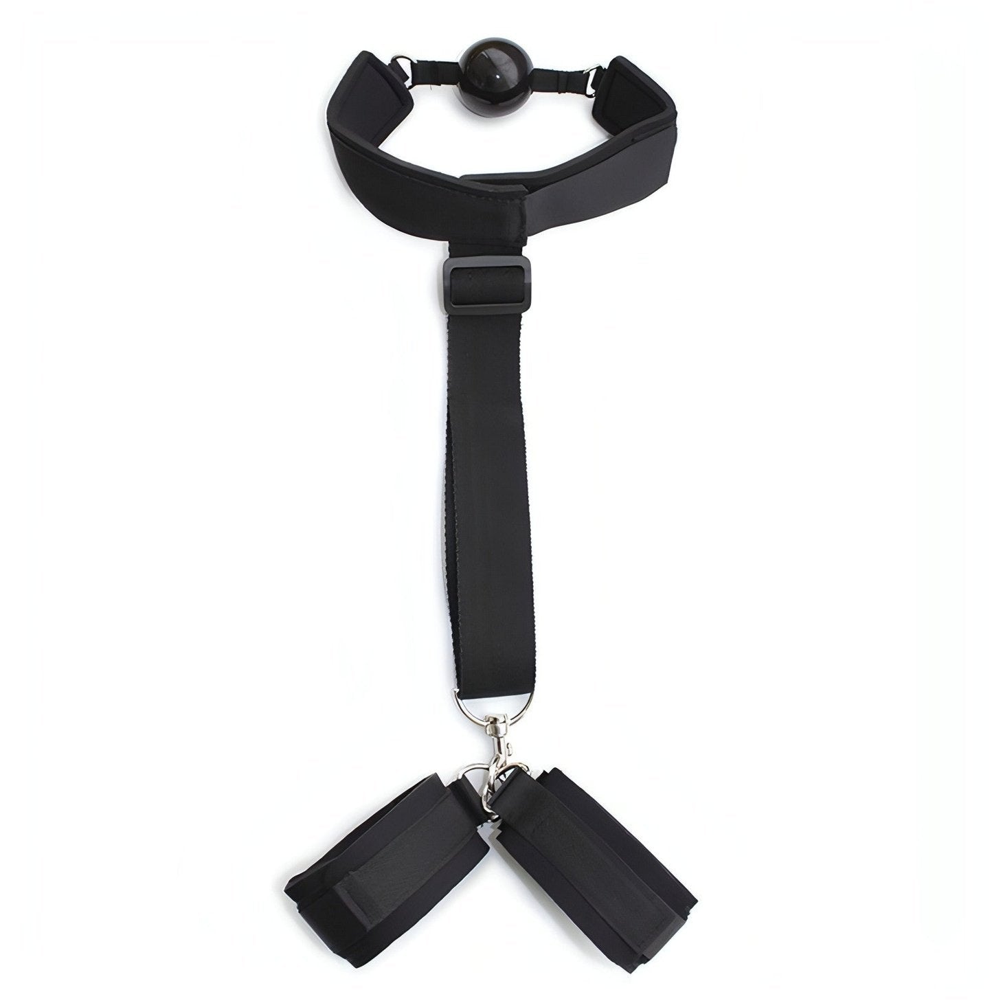 2 in 1 Ball-Gag Nera con Strap Comfortable e Polsiere collegate