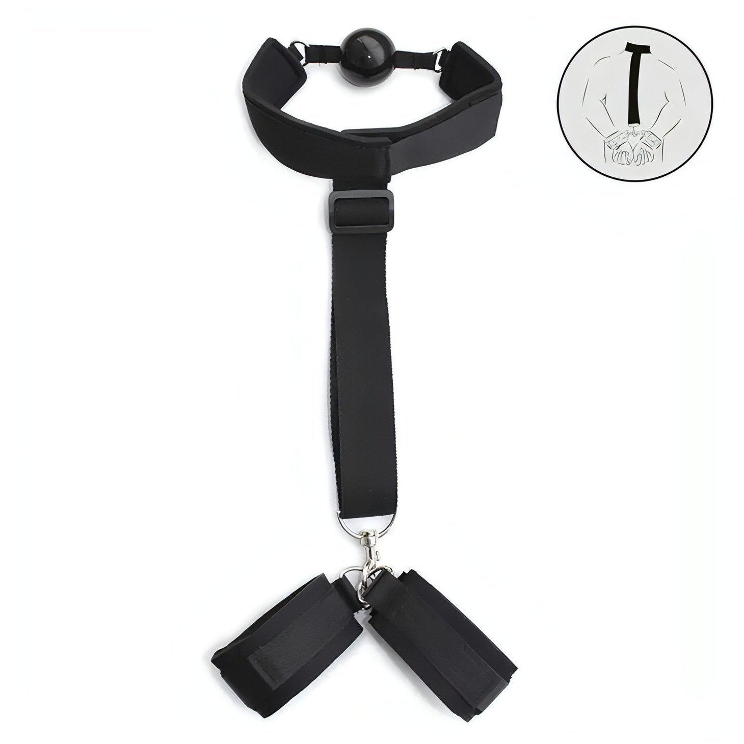 2 in 1 Ball-Gag Nera con Strap Comfortable e Polsiere collegate