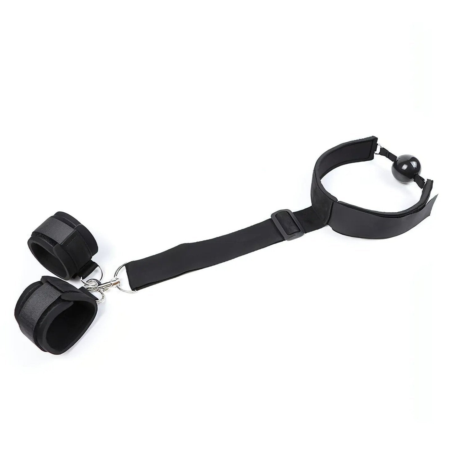 2 in 1 Ball-Gag Nera con Strap Comfortable e Polsiere collegate