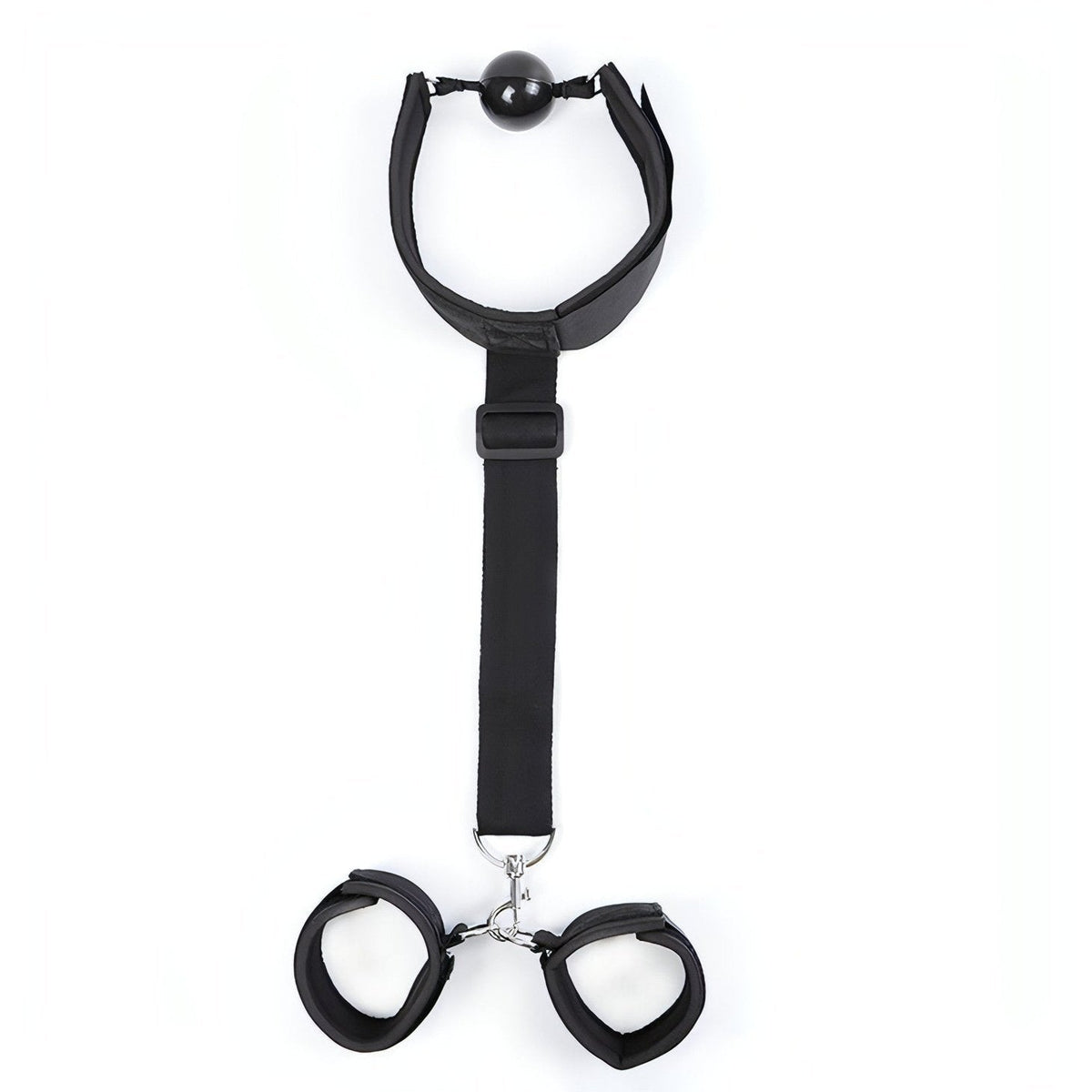 2 in 1 Ball-Gag Nera con Strap Comfortable e Polsiere collegate