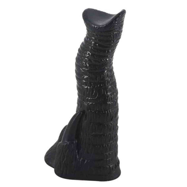 Dildo anali elefante nero lucido con superficie rigata e design base artigliata