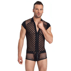 Tuta Corta Uomo Sexy Con Zip Superiore e Inferiore con Inserti a Rete e Fantasia a Bande Nere Svenjoyment