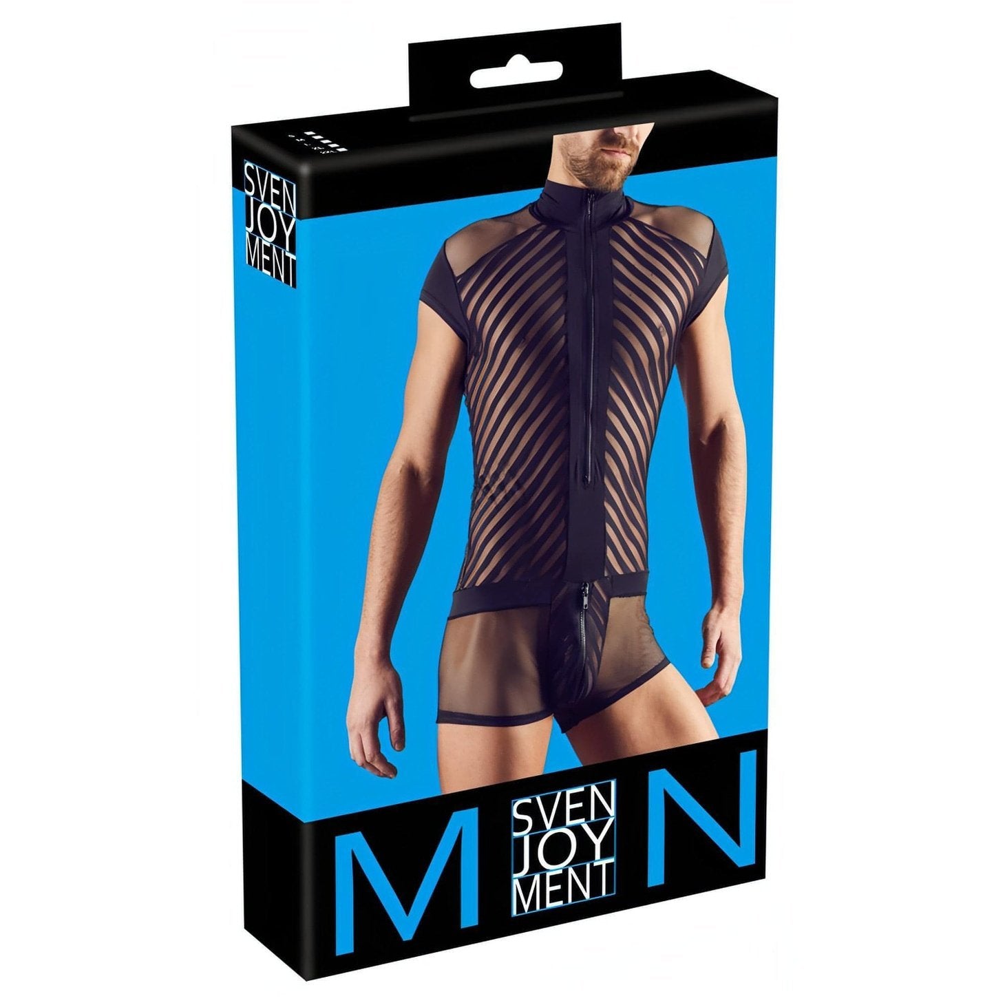 Tuta Corta Uomo Sexy Con Zip Superiore e Inferiore con Inserti a Rete e Fantasia a Bande Nere