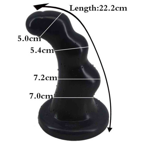 Plug anale nero con grafico misurazione lunghezza totale 22.2 cm e curve definite