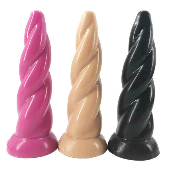 Set di tre dildo realistici a spirale rosa, beige e nero con base piatta marchio FAAK