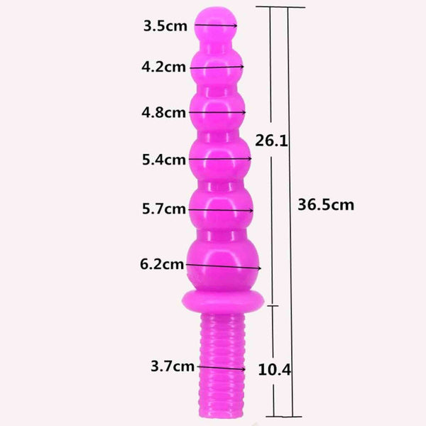 Plug anale viola da 36,5 cm con indicazioni dimensionali dettagliate