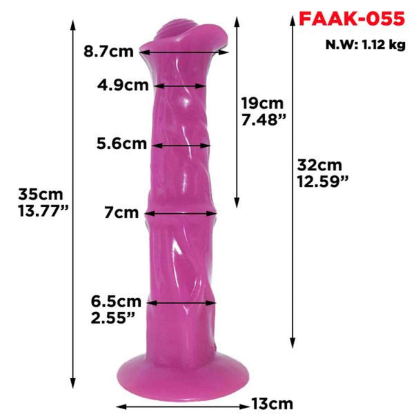 Dildo rosa acceso 36cm Magmara con etichetta FAAK-055 e misure tecniche