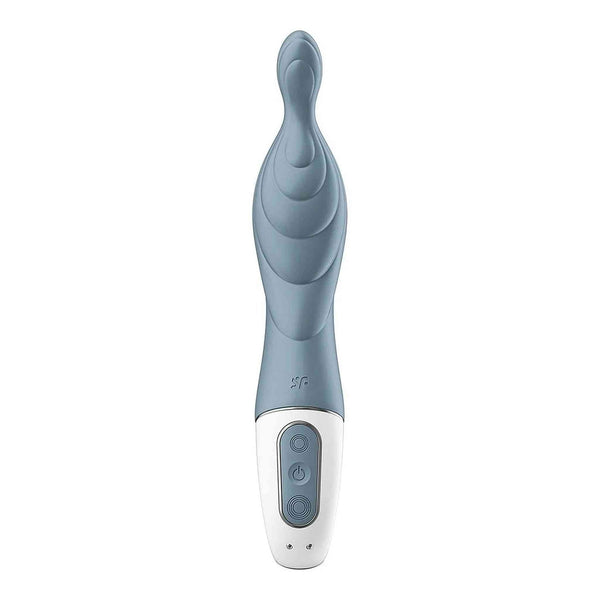 Vibratore punto A grigio chiaro frontale con pulsanti controllo e logo SF inciso