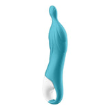 Vibratore punto A turchese con curve ergonomiche e simboli certificazione CE