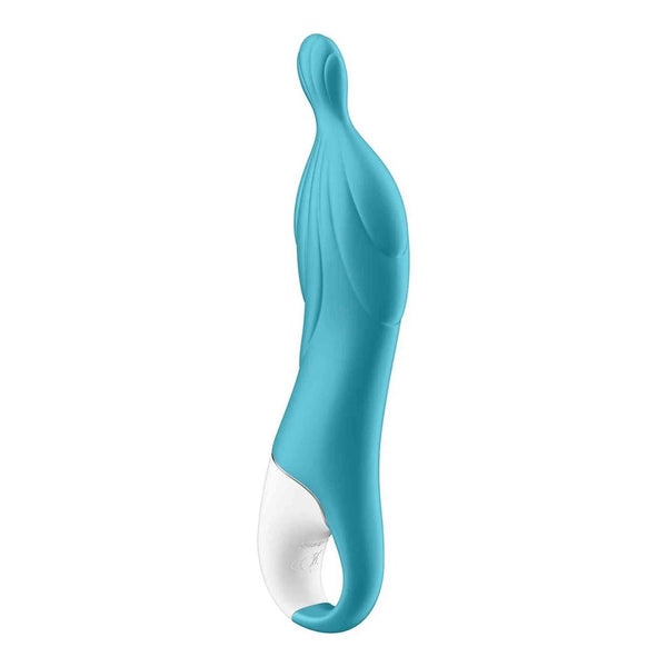 Vibratore punto A turchese con curve ergonomiche e simboli certificazione CE