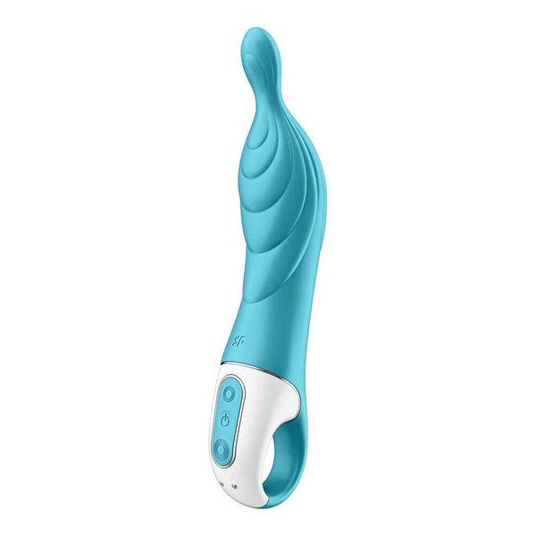 Vibratore punto A turchese con curve morbide, pulsanti velocità e logo SF