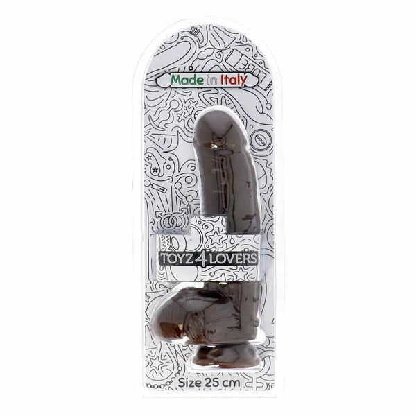 Dildo nero 25 cm in confezione plastica con etichette Made in Italy e Size 25 cm