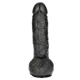 Dildo nero 25 cm vista frontale con testa doppia apertura e scroto modellato