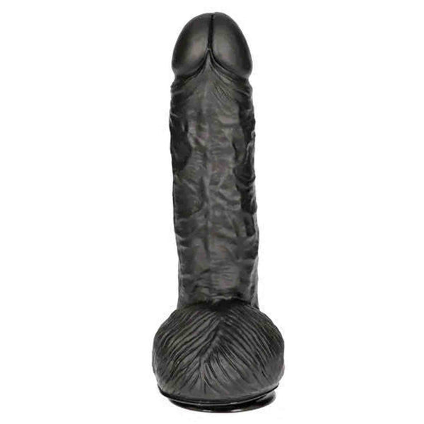 Dildo nero 25 cm vista frontale con testa doppia apertura e scroto modellato