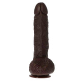 Dildo realistico marrone scuro 25 cm con testa doppia apertura e base sacco scroto