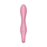Vibratore a pompa d'aria Satisfyer rosa chiaro forma curva vista frontale su sfondo bianco