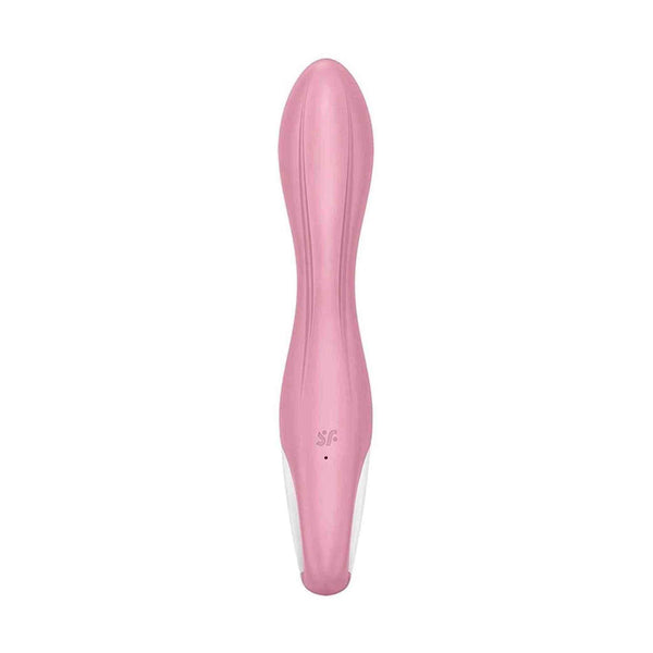 Vibratore a pompa d'aria Satisfyer rosa chiaro forma curva vista frontale su sfondo bianco