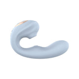 Vibratore a forma di C bianco opaco in silicone morbido, vista laterale ergonomica con testa succhiatrice