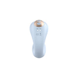 Vibratore a forma di C bianco opaco con dettagli oro rosa, vista posteriore con pulsanti e simboli tecnici
