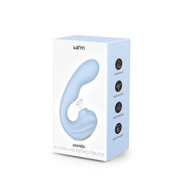 Scatola prodotto WINYI Amanda vibratore succhiatore e battente in silicone morbido blu chiaro